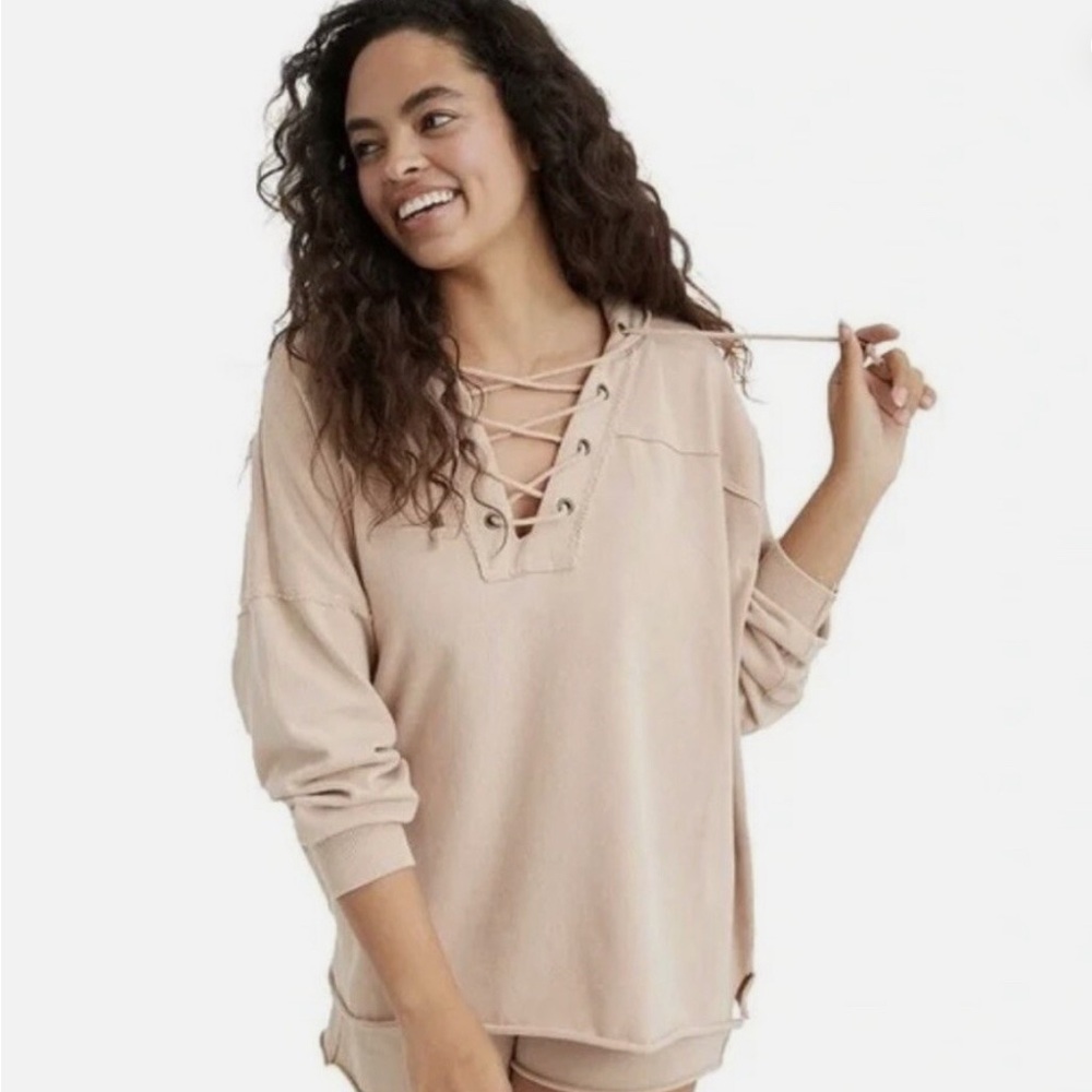 Aerie | Tan Lace-Up Hoodie, XL